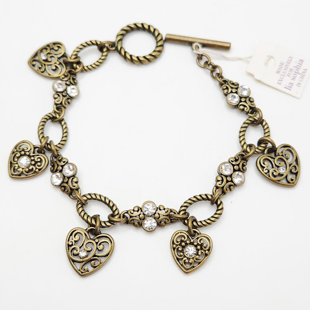 NWT Lia Sophia Scroll Work Ornate Heart Charm Bronze Tone Feminine Bracelet